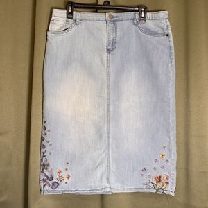 Christopher Banks Jean Skirt 12 Light Denim Floral Embroidered Midi Skirt Modest